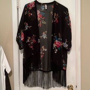 Xhilaration Black Floral Fringe Kimono